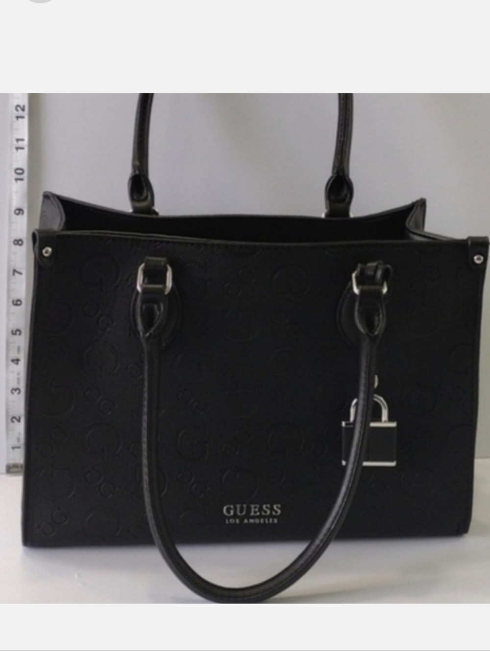 Authentic GUESS Est. 1981 Black Embossed Square Shape Handbag With Lock Charm